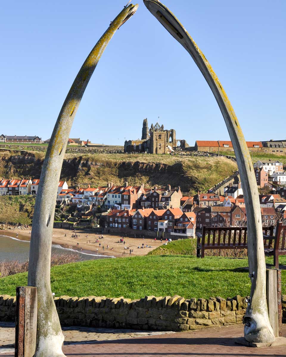 Whitby's whalebone arch seen on a tour of the moors from York United Kingdom
