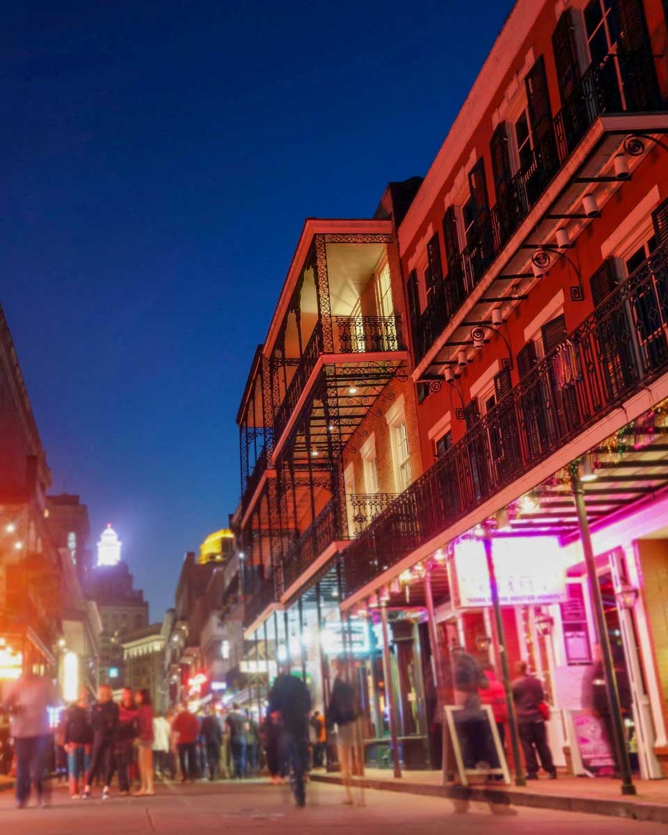 Bourbon Street at night in New Orleans Louisiana
