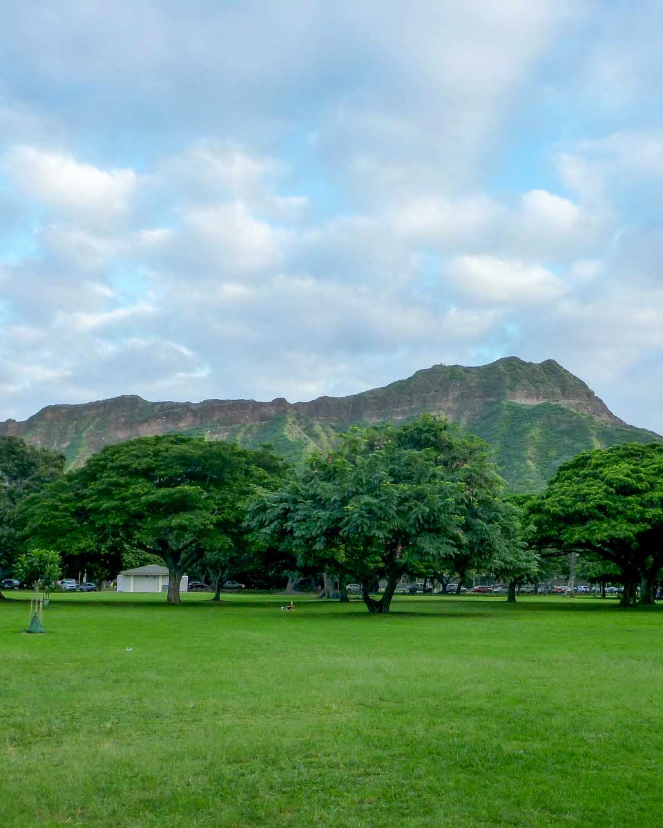 Kapiolani Park and Diamond Head in the background in Honolulu Hawaii