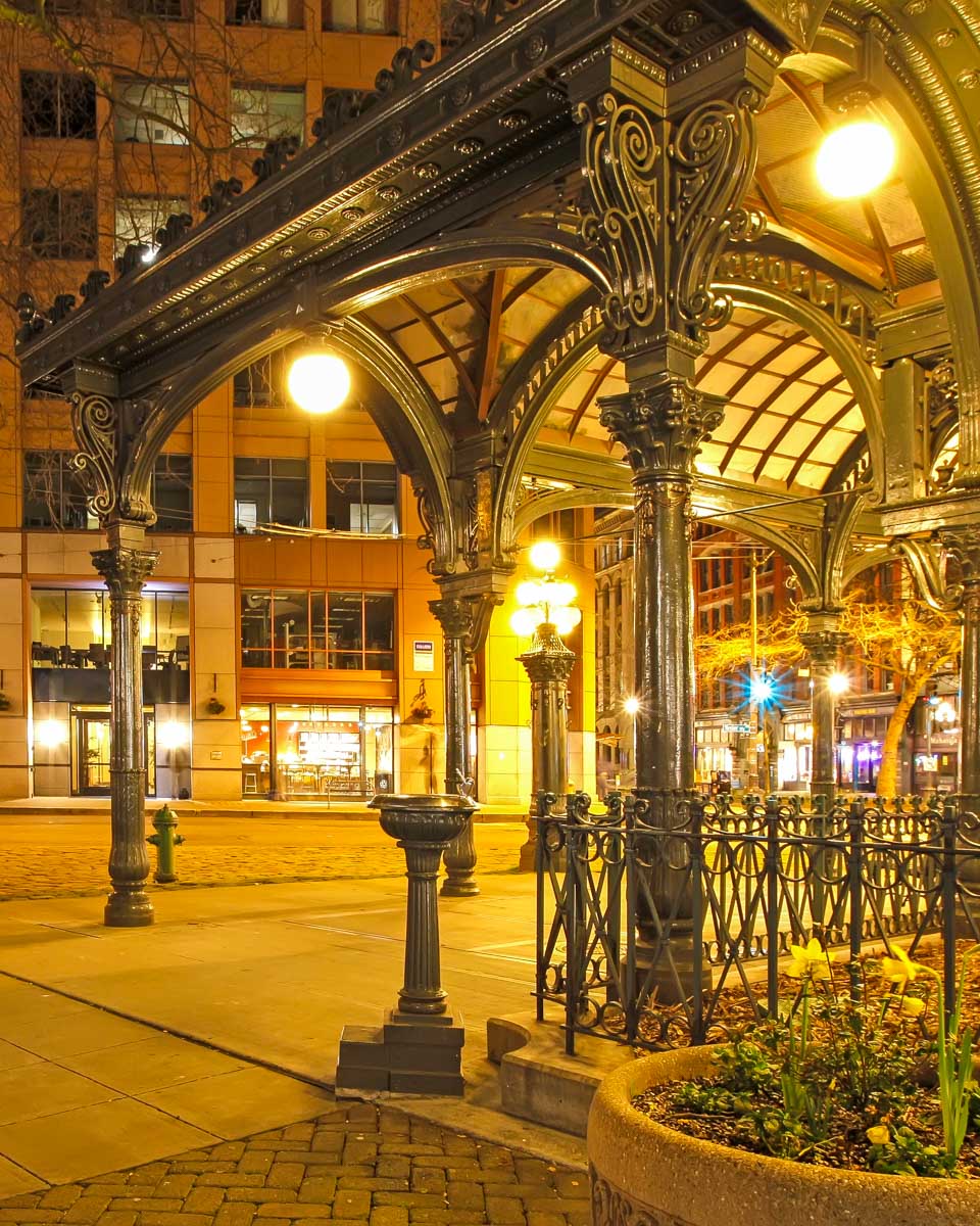 Pioneer Square at night in Seattle Washington