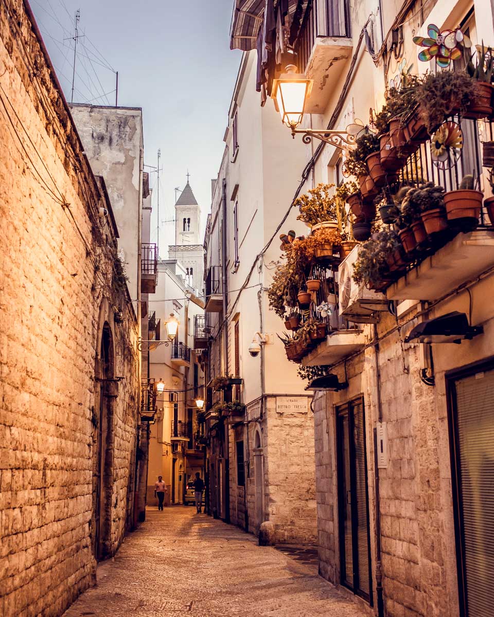 The streets of Bari Italy at sunset