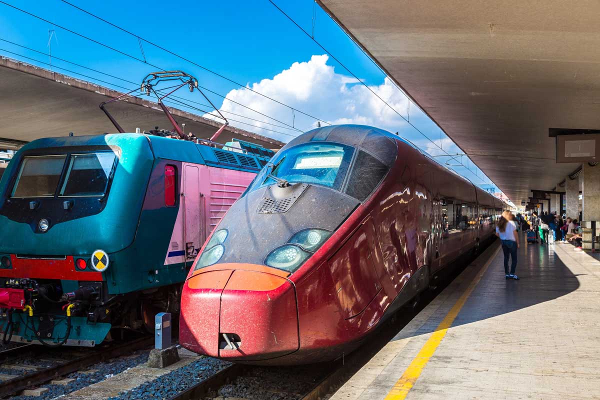 Two-trains-at-the-Bologna Centrale Station in Bologna Italy