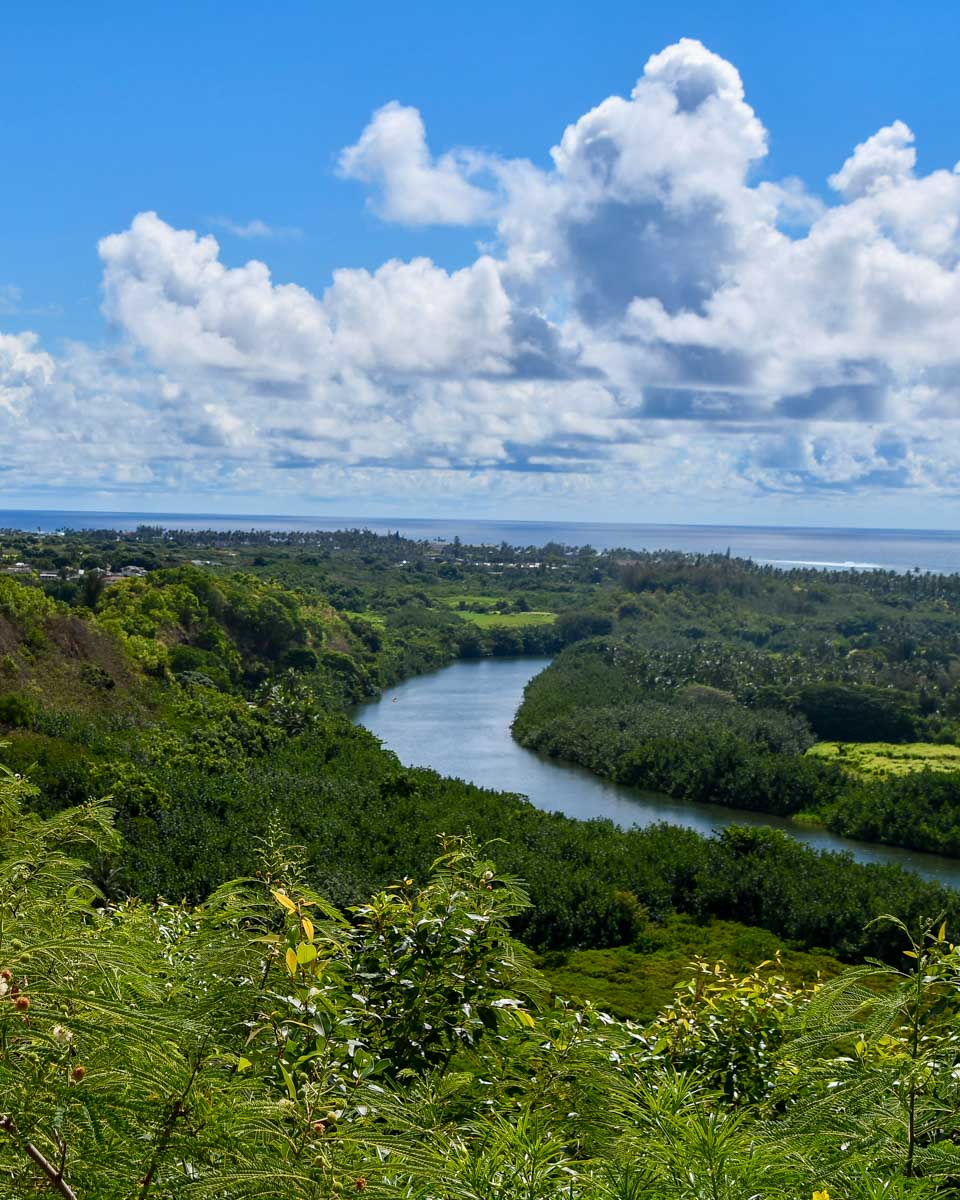 View of Wailua River State Park from Poliahu Heiau on Kauai Hawaii