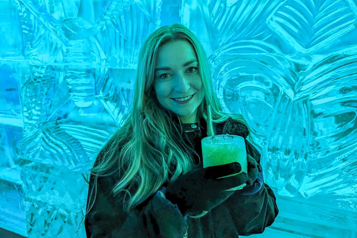 Bailey-enjoys-a-drink-at-ice-bar-in-Tromso Norway