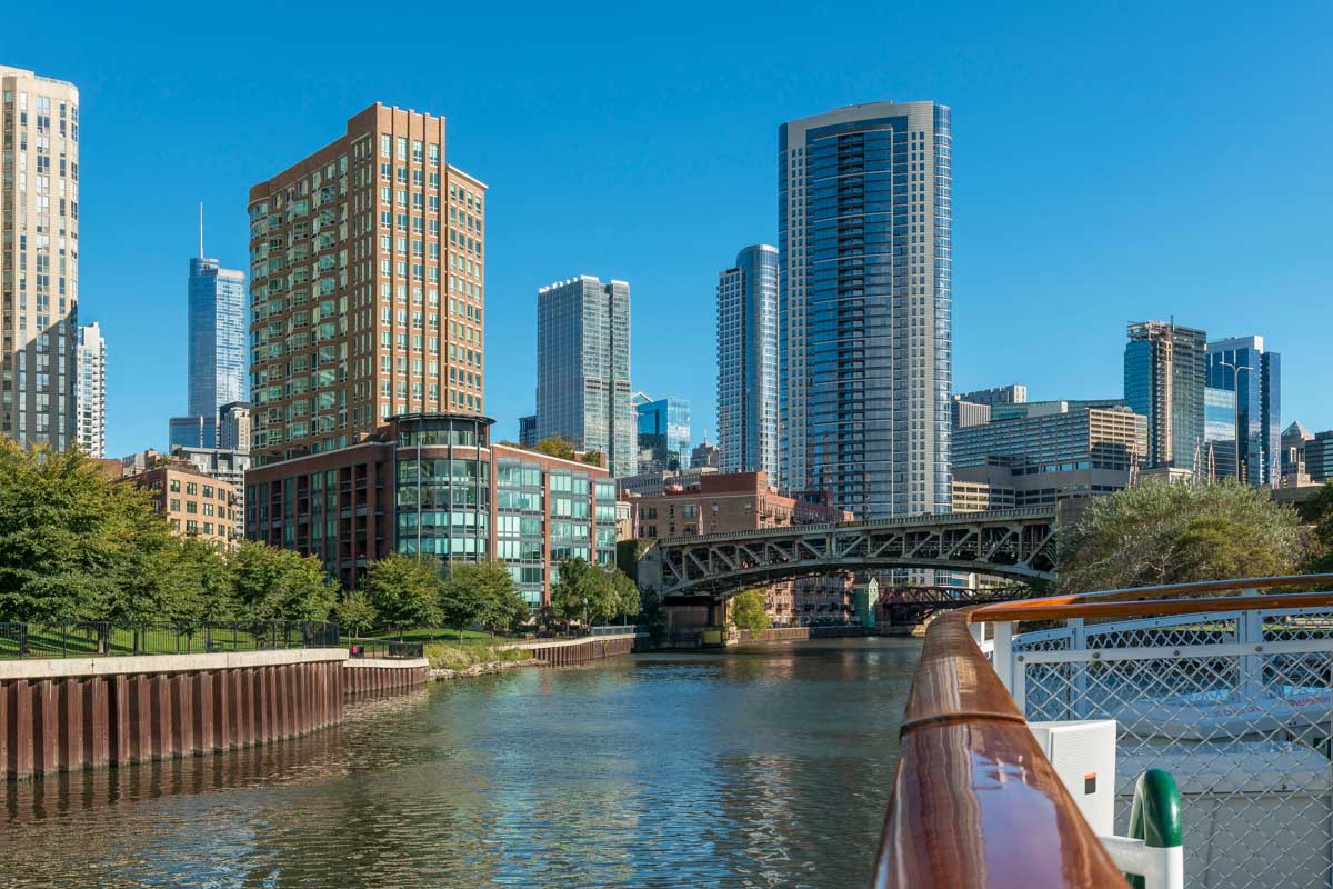 Buildings and architecture seen on a cruise on the Chicago River Chicago Illinois