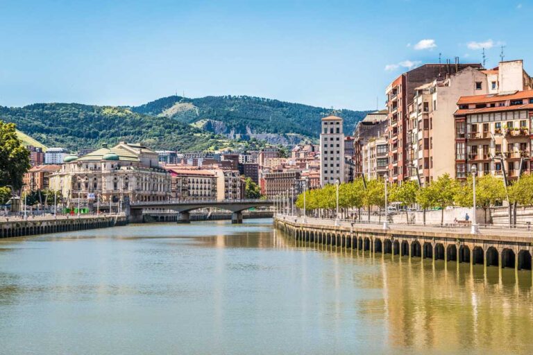 Old Town Bilbao Spain and the river on a sunny day