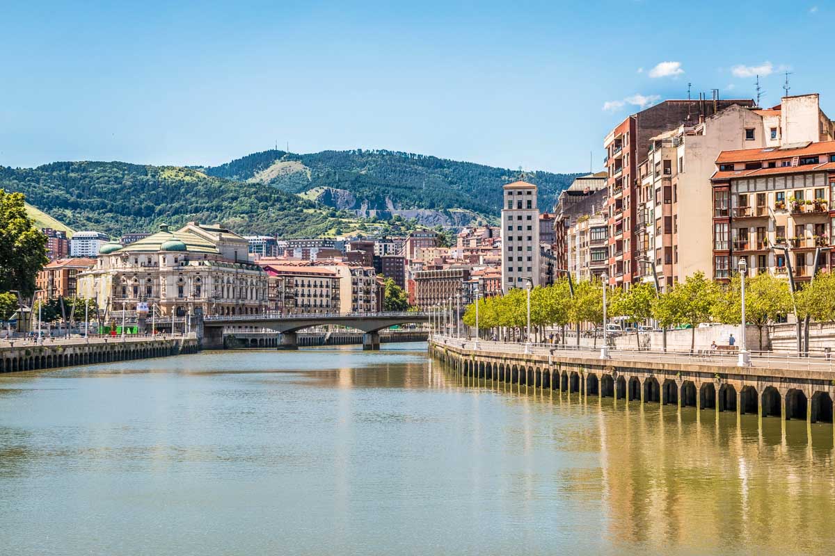 Old Town Bilbao Spain and the river on a sunny day