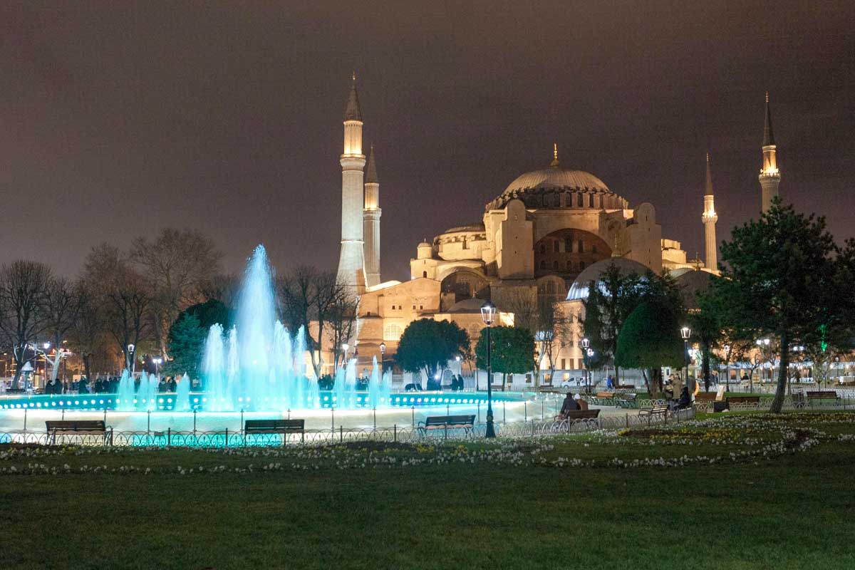 Sultanahmet Square seen at night in Istanbul Turkey
