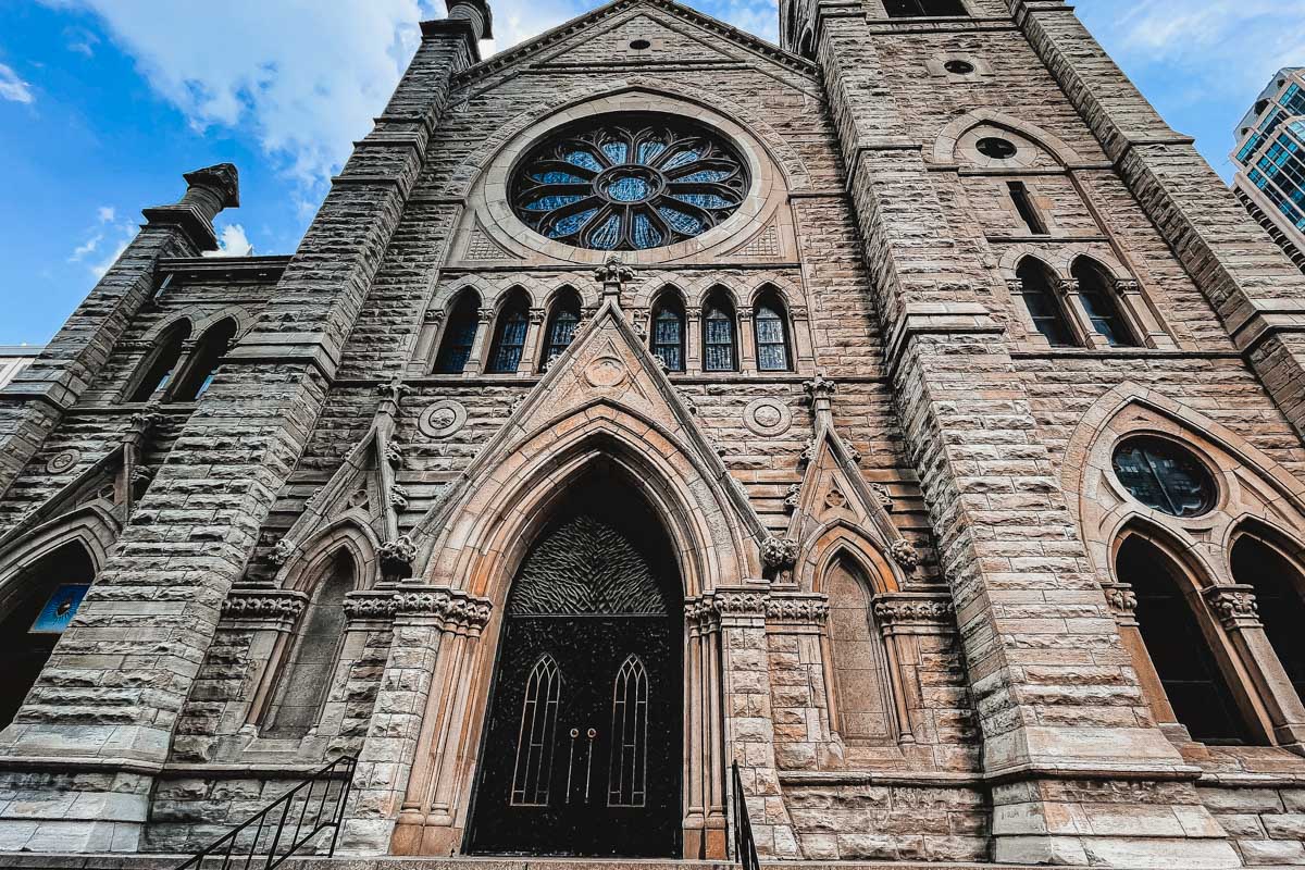 The Holy Name Cathedral seen on a mob tour of Chicago Illinois