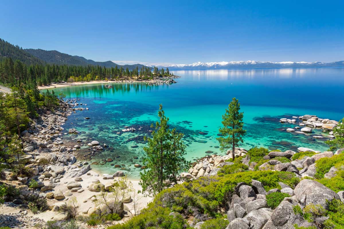 View of Lake Tahoe with mountains in the background