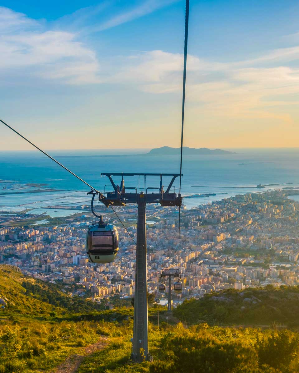 View of Trapani from a chair lift leading to the Erice in Sicily Italy