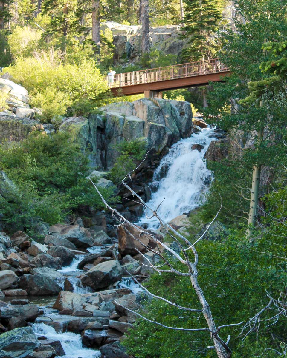 View of the waterfalls and the bridge in Eagle Creek on Lake Tahoe