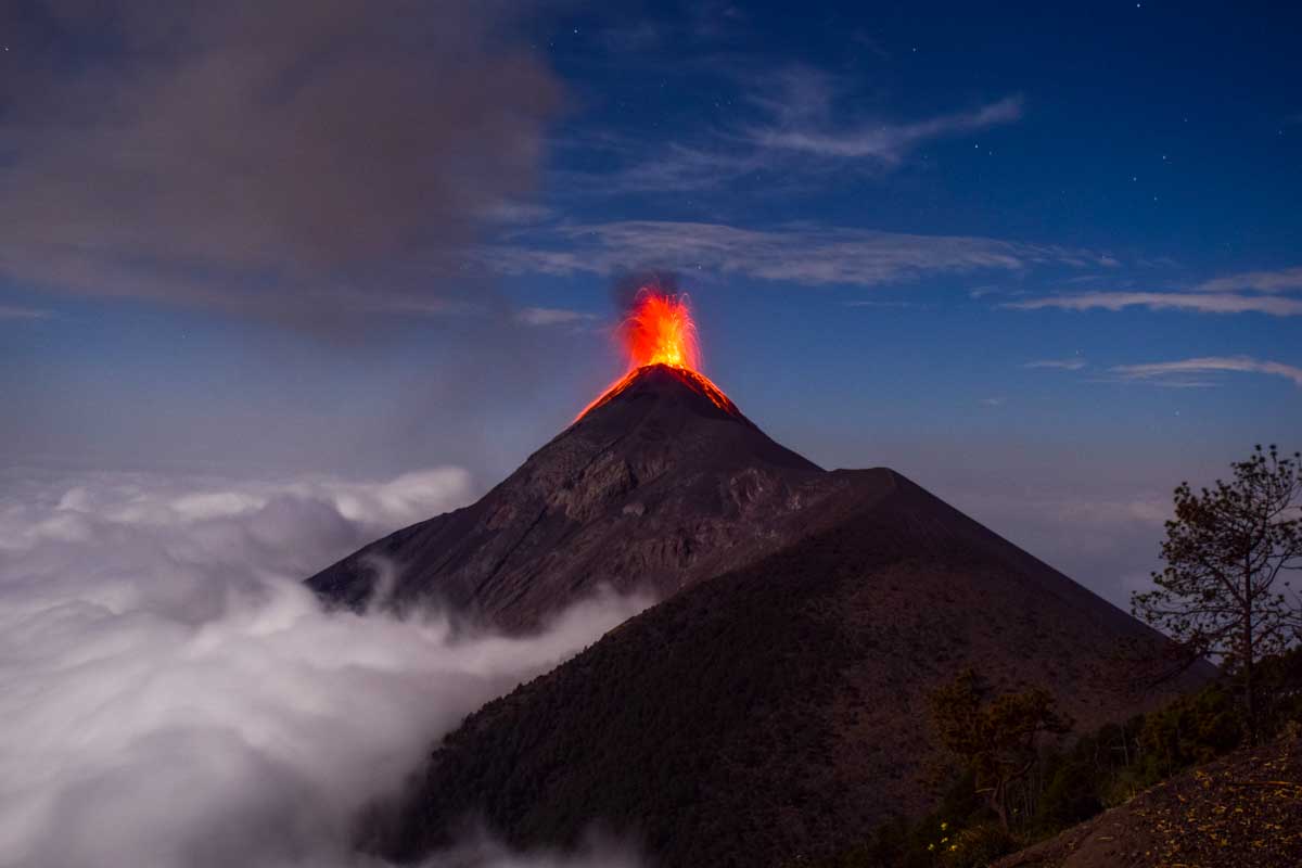 Volcán de Fuego erupts seen on an overnight hike from Antigua Guatemala