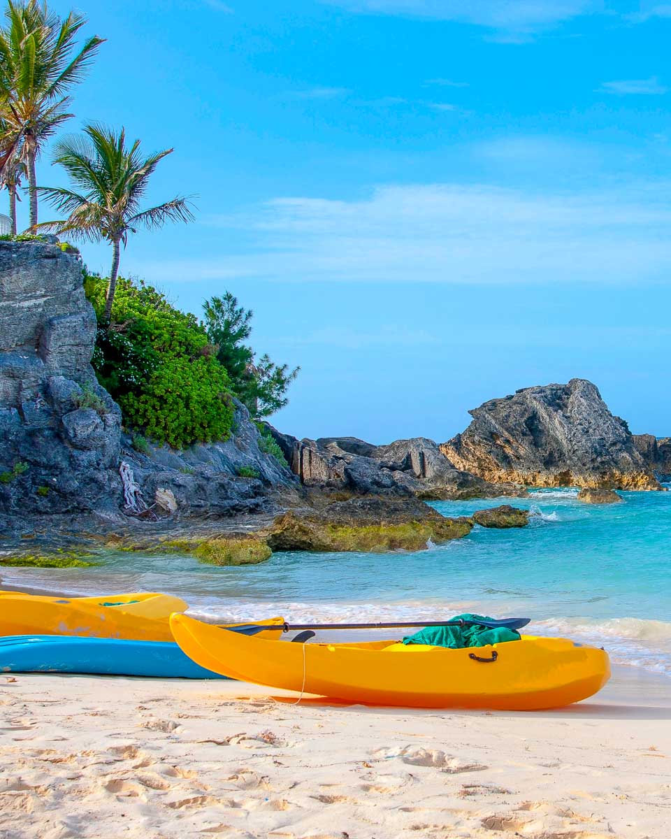 Kayaks seen on a beach on a tour in Bermuda