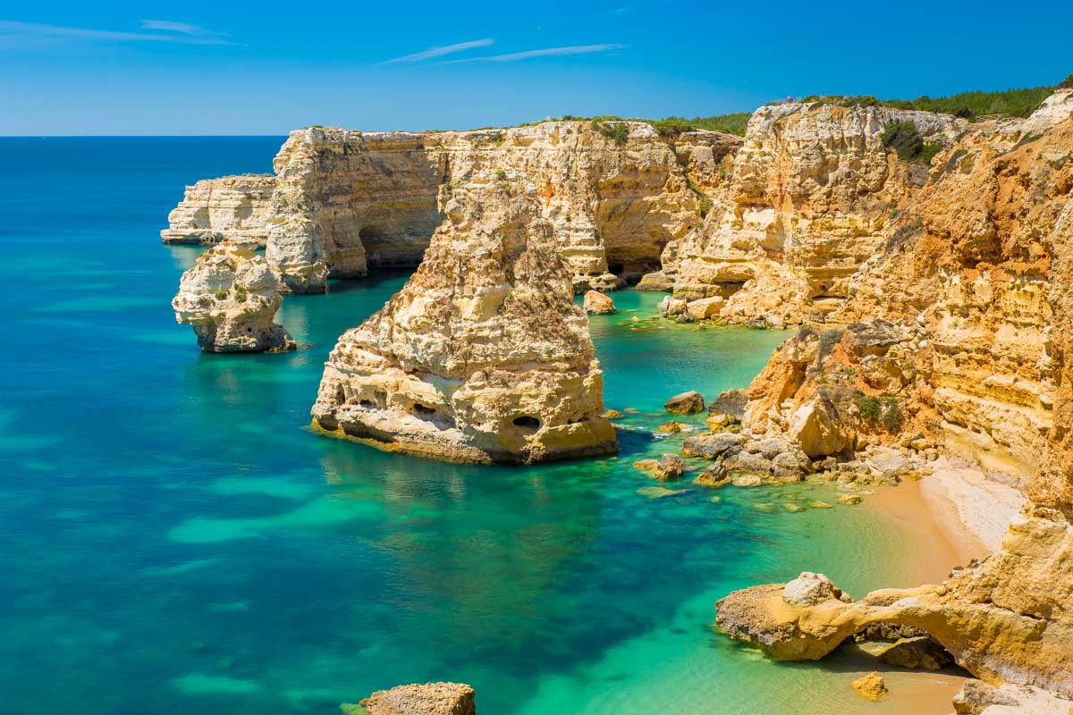 Rock formations seen along the coast of Portugal from Algarve