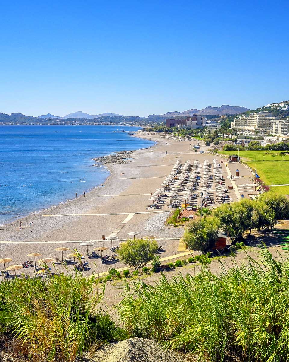 The view of Faliraki Beach in Rhodes Greece