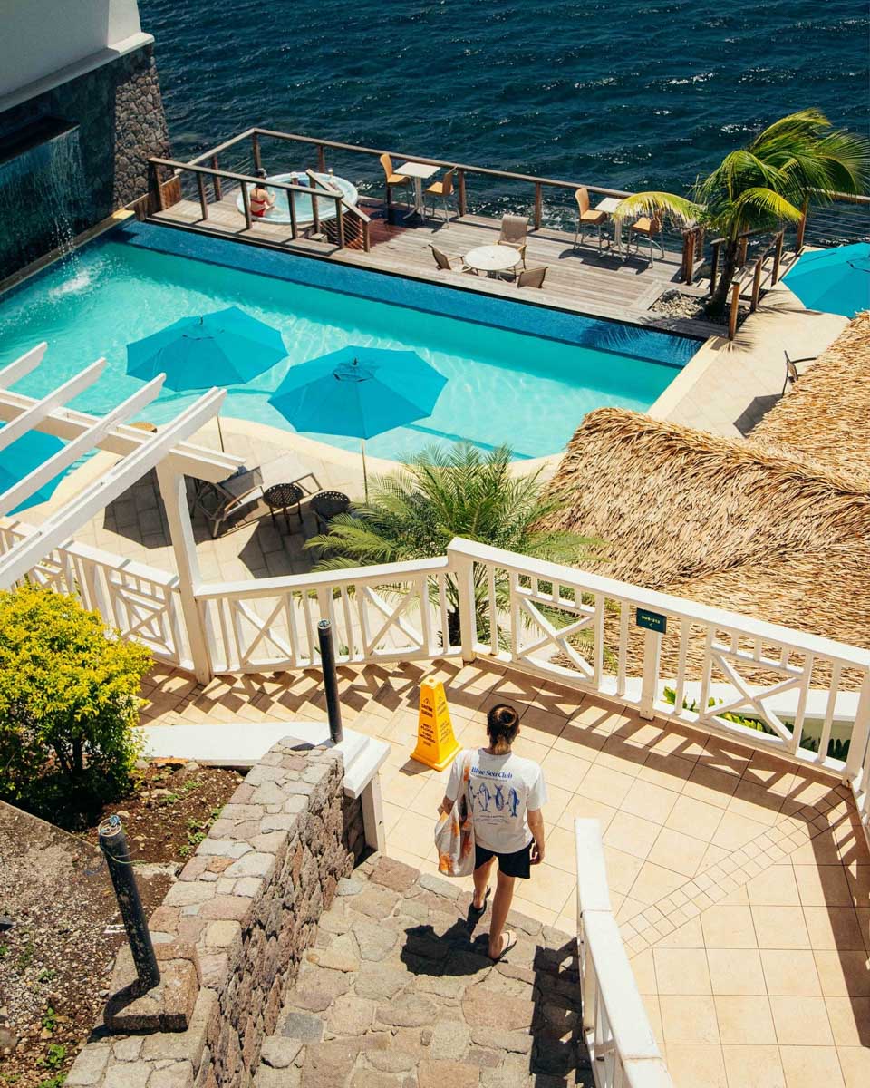 Aerial view of the pool area at Fort Young Hotel in Dominica