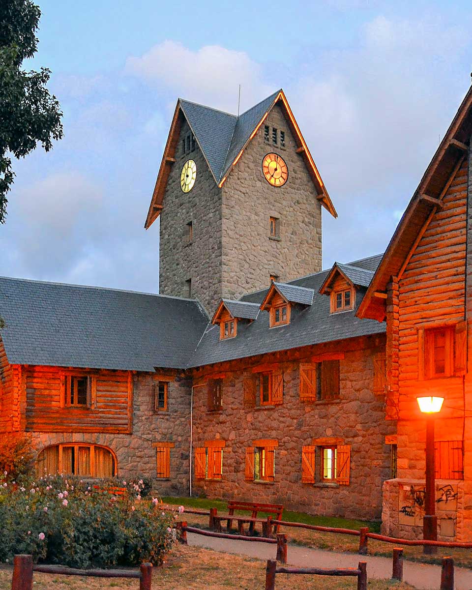 Buildings and the clock tower in Centro Cívico square Bariloche Argentina