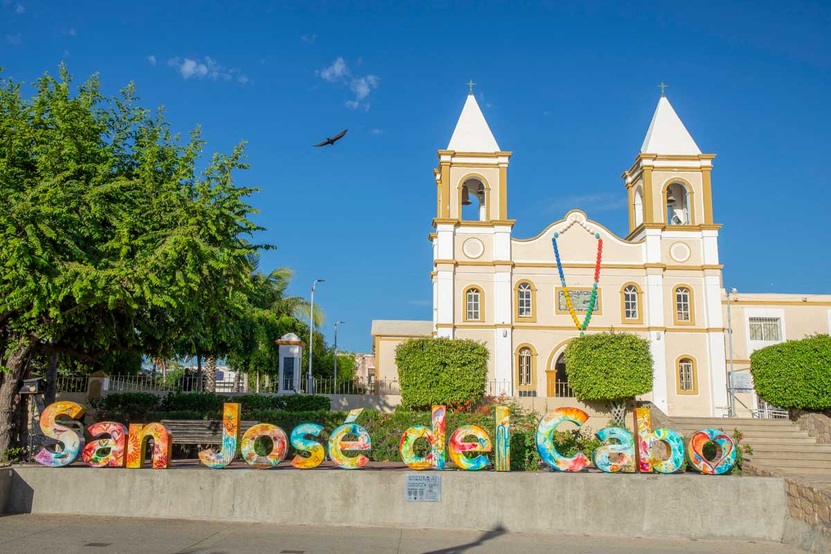 Colorful exterior front of Mission San Jose del Cabo, Mexico