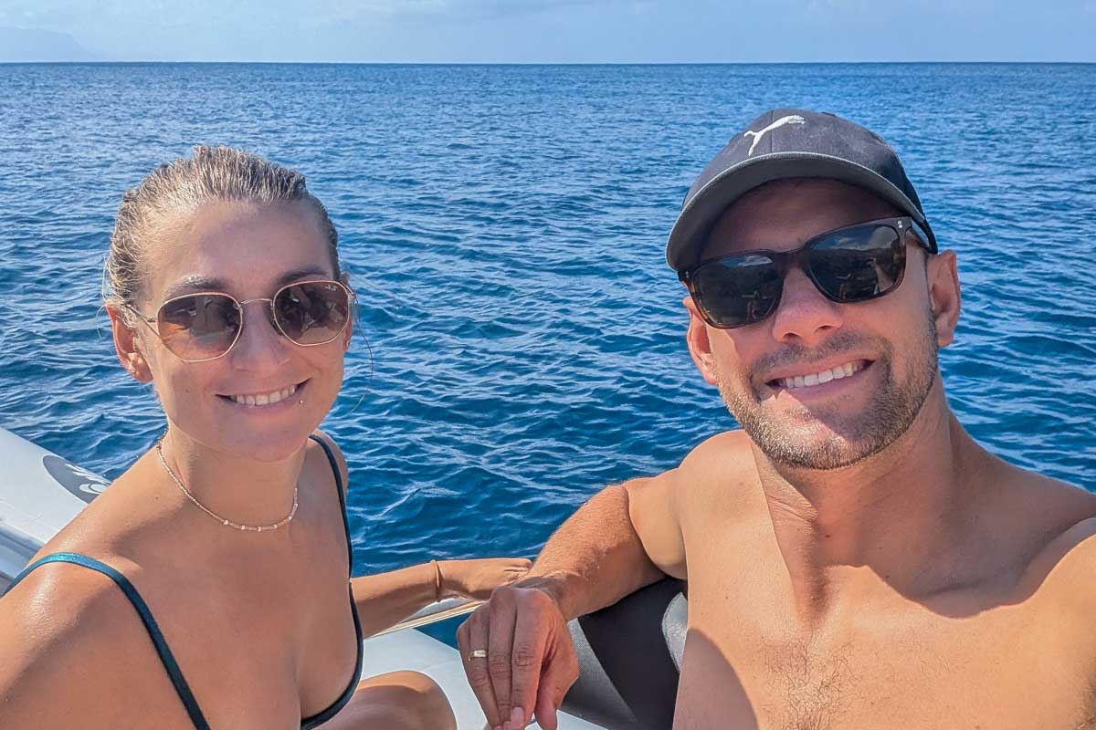 Daniel-and-Bailey-take-a-selfie on-a-boat-tour-in-Galapagos Island Ecuador