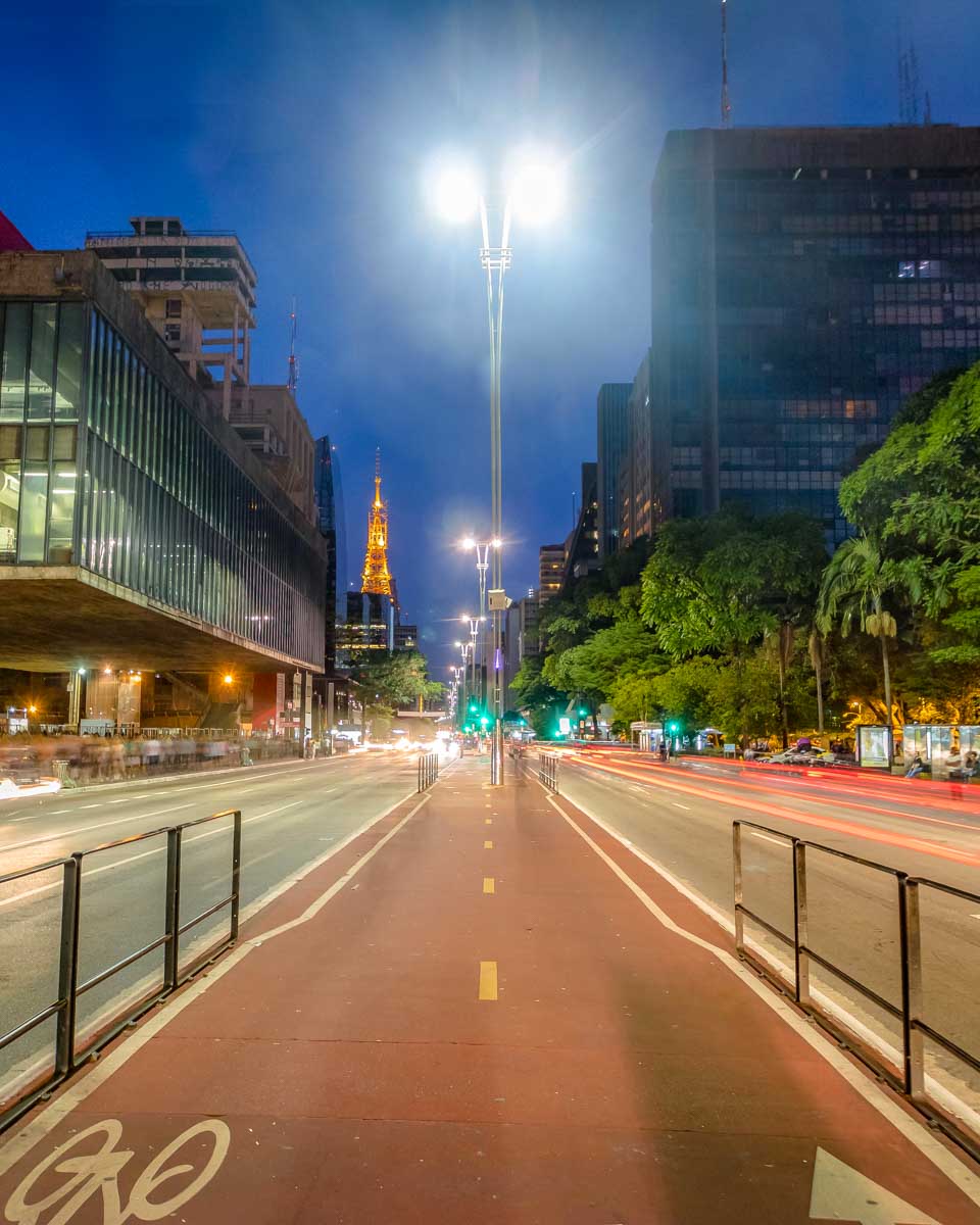 Paulista Avenue seen at night on a bike tour in Sao Paulo Brazil