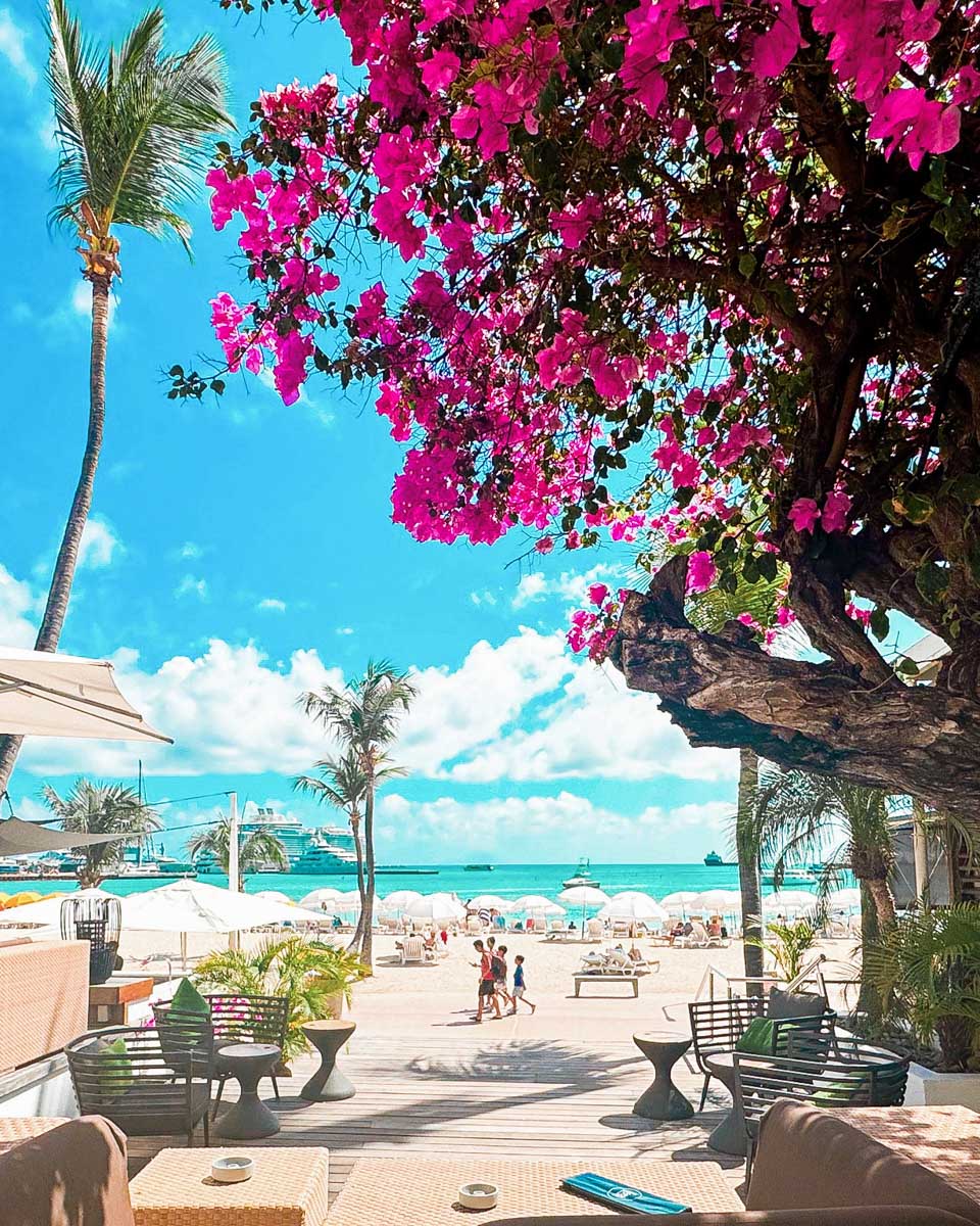 The outdoor beach area at Holland House Beach Hotel in St Martin