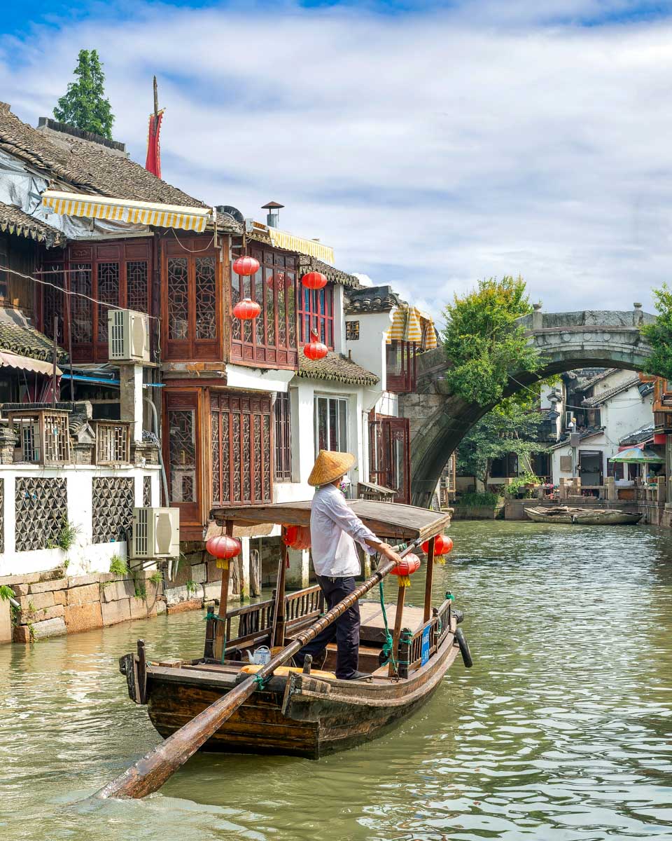 Traditional boat on the canals of Zhujiajiao in Shanghai China