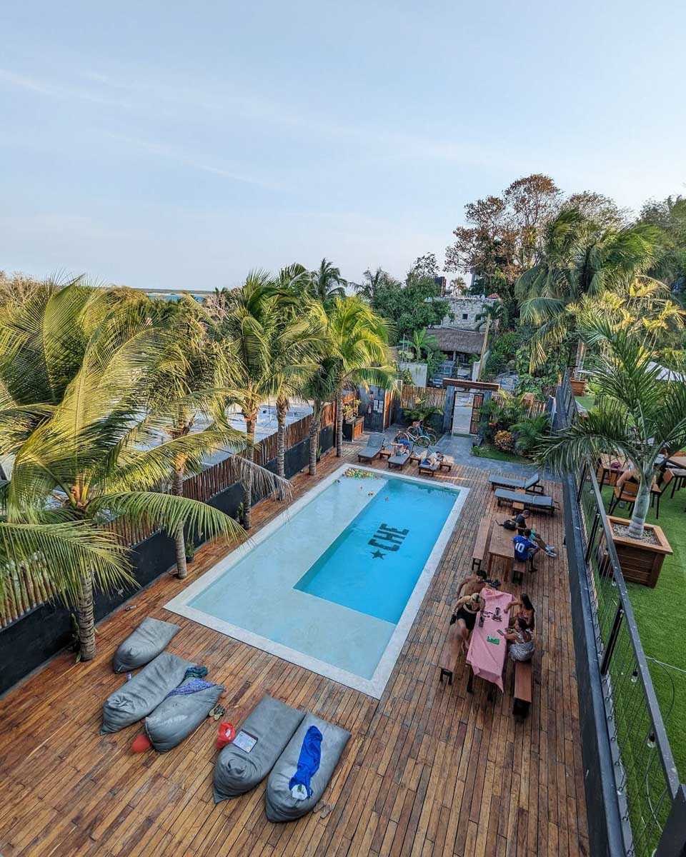 View of the pool and deck at Che hostel, Bacalar Mexico