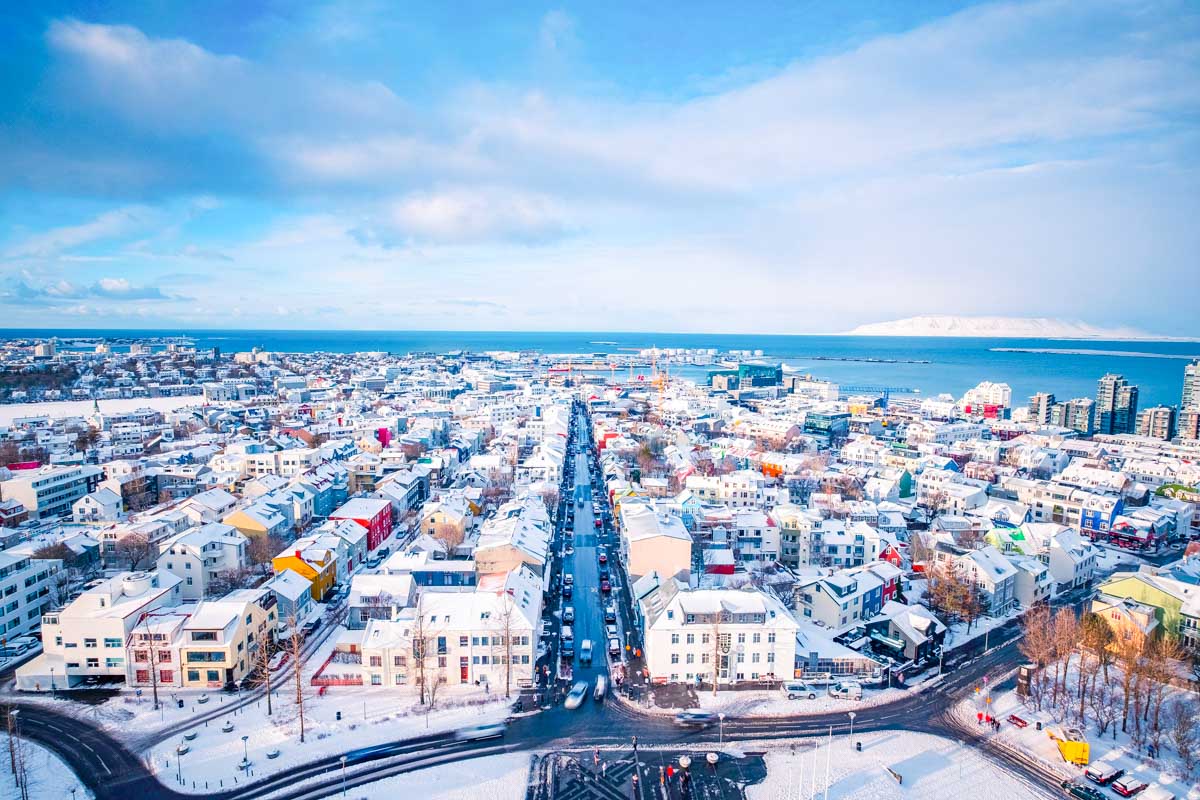Aerial view of downtown Reykjavik, Iceland in winter