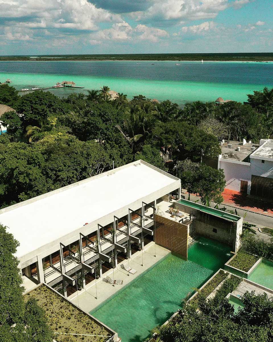 An aerial view of Hotel Makaabá Eco Boutique in Bacalar Mexico