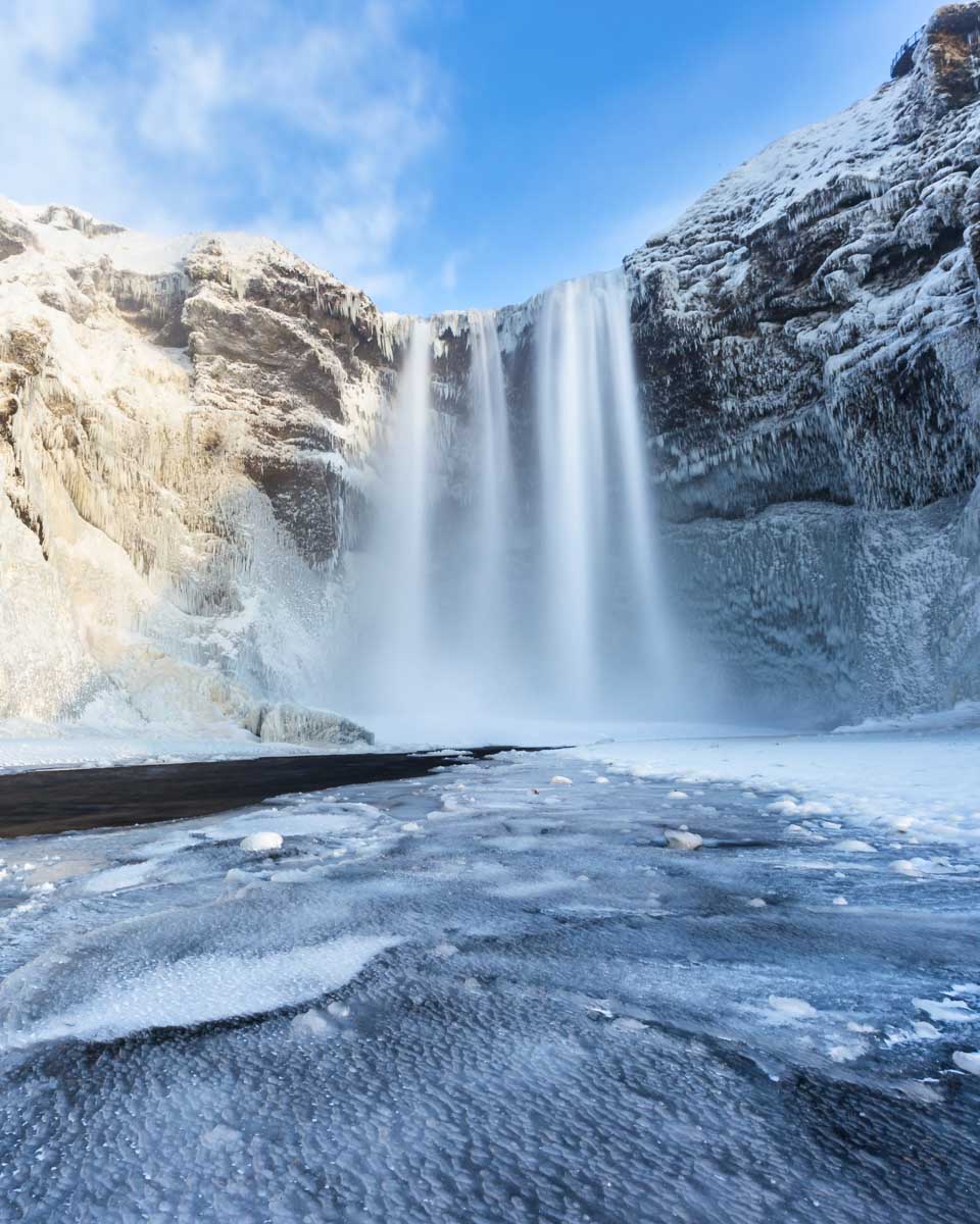 Beautiful Skogafoss waterfall in winter. Iceland