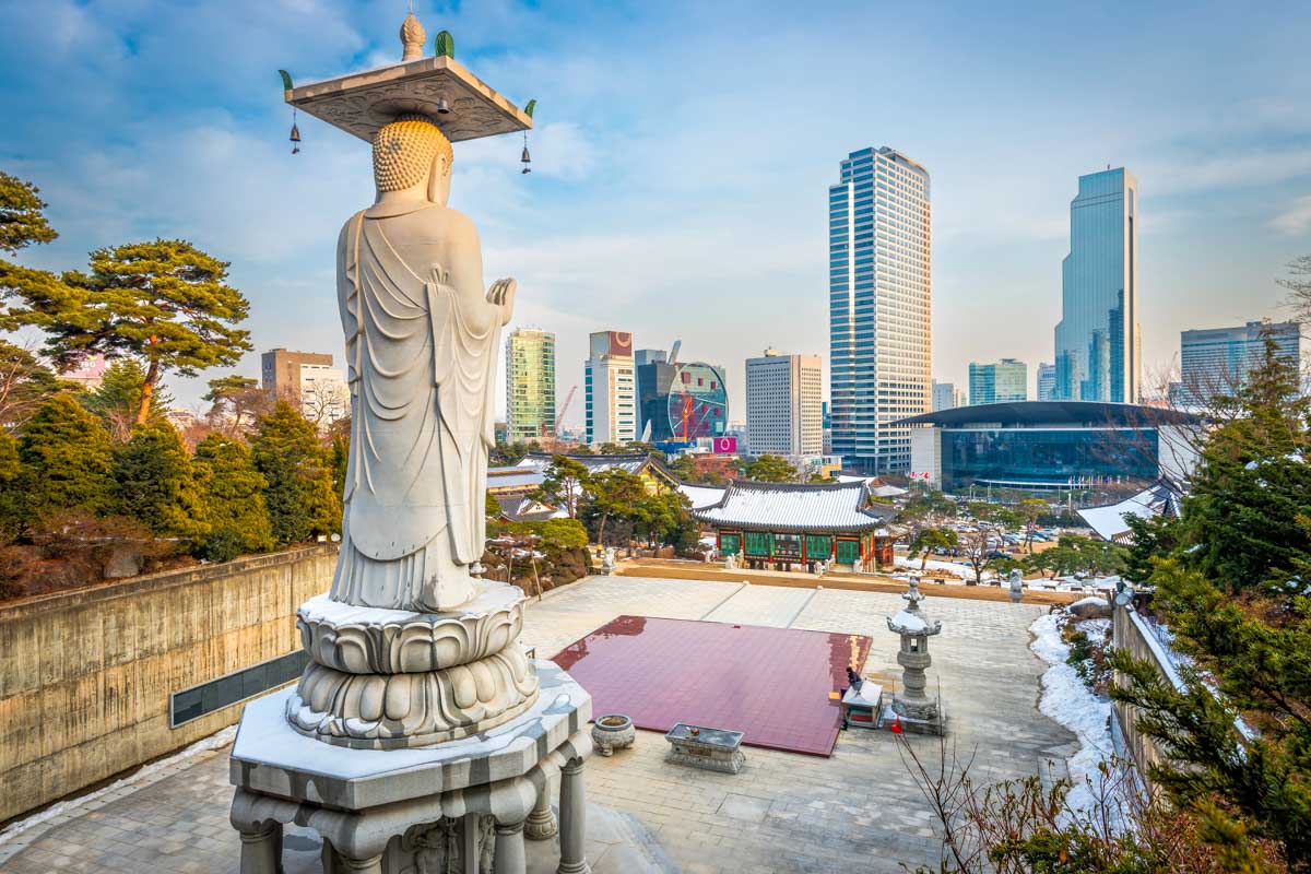 Bongeunsa Temple and the COEX Mall across the way in Seoul South Korea