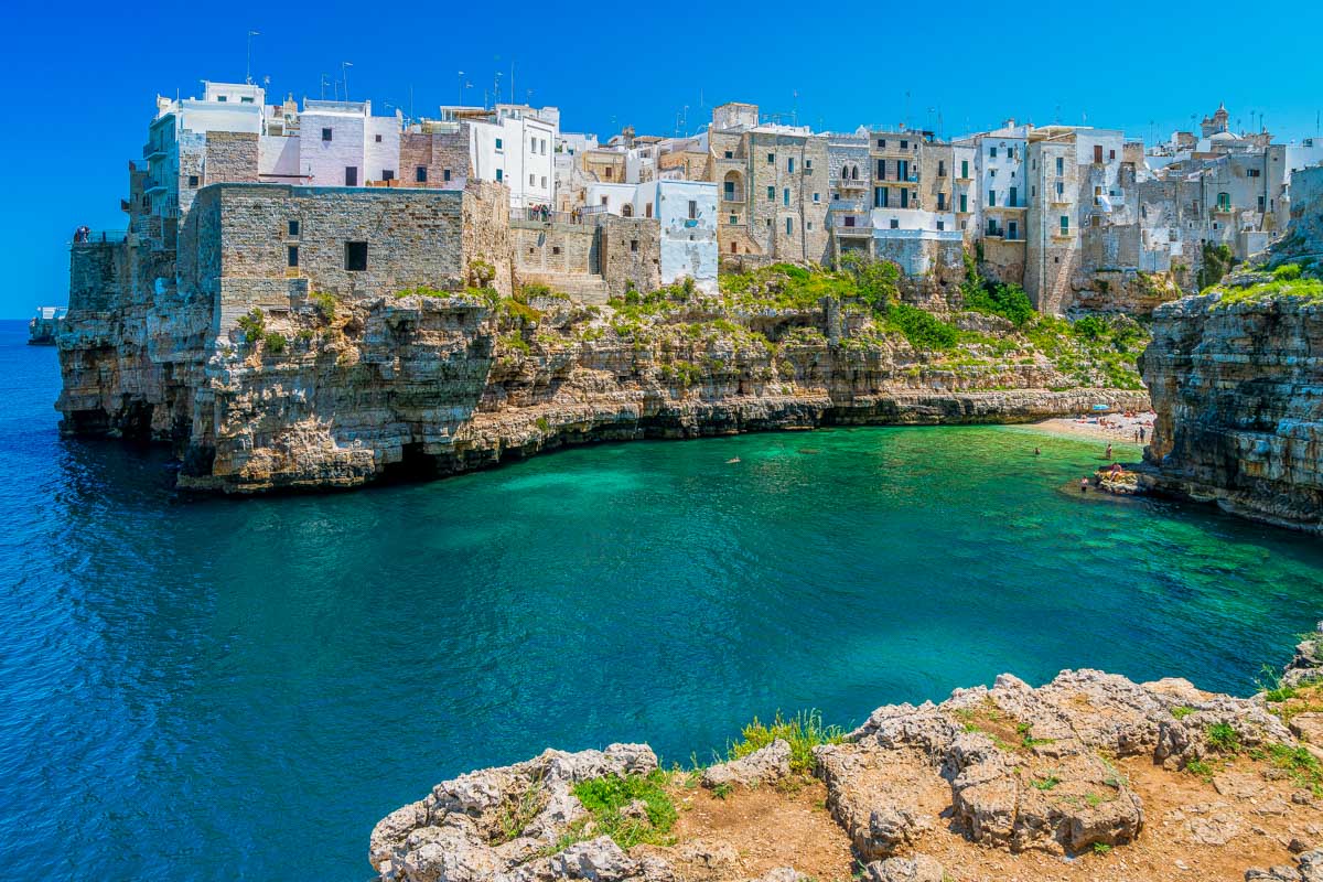 Coastal view of Polignano a Mare on a tour from Puglia Italy