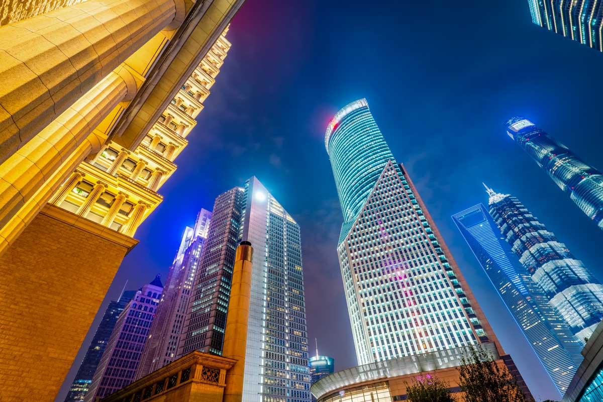 Lujiazui District at night in Shanghai China