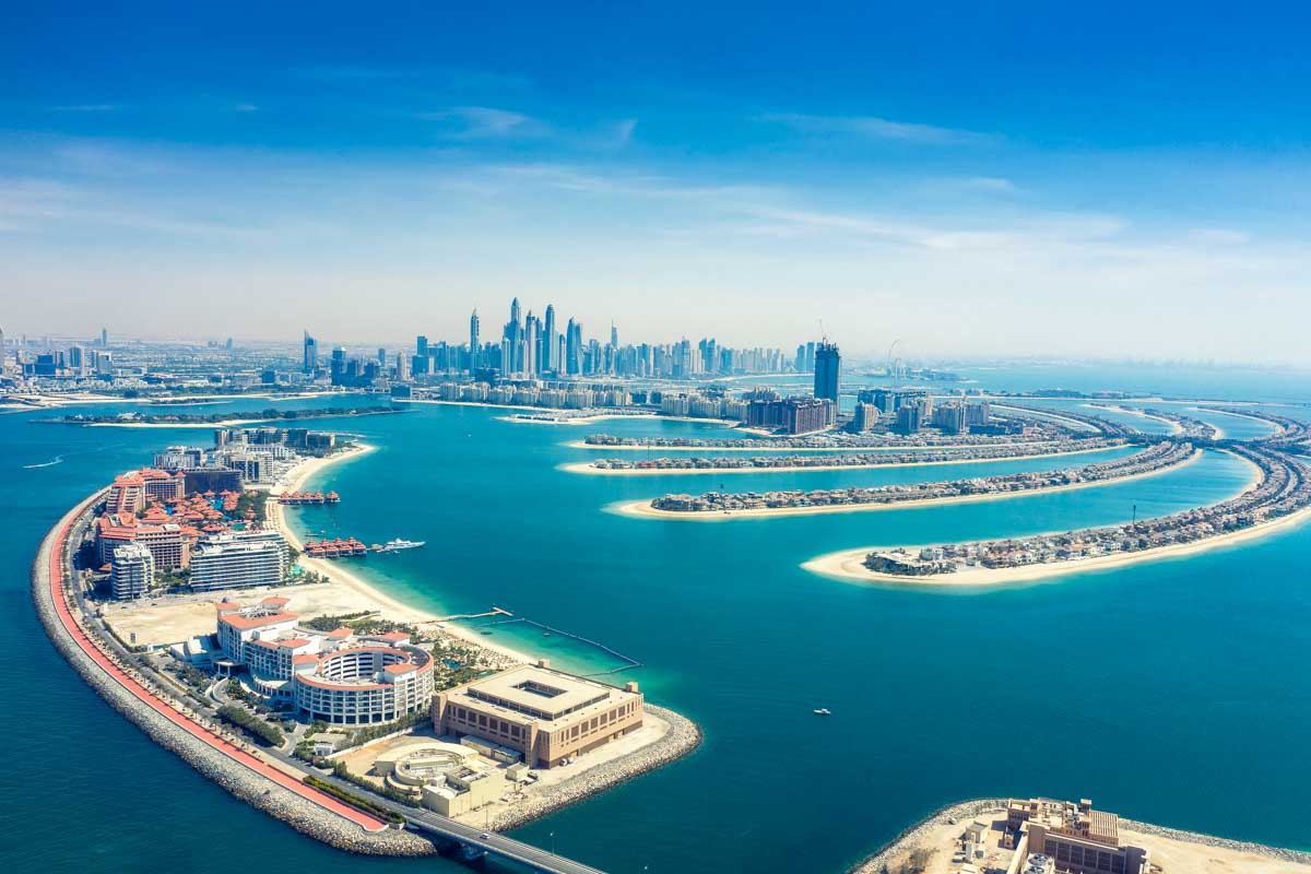 Palm Jumeirah seen from a helicopter in Dubai UAE