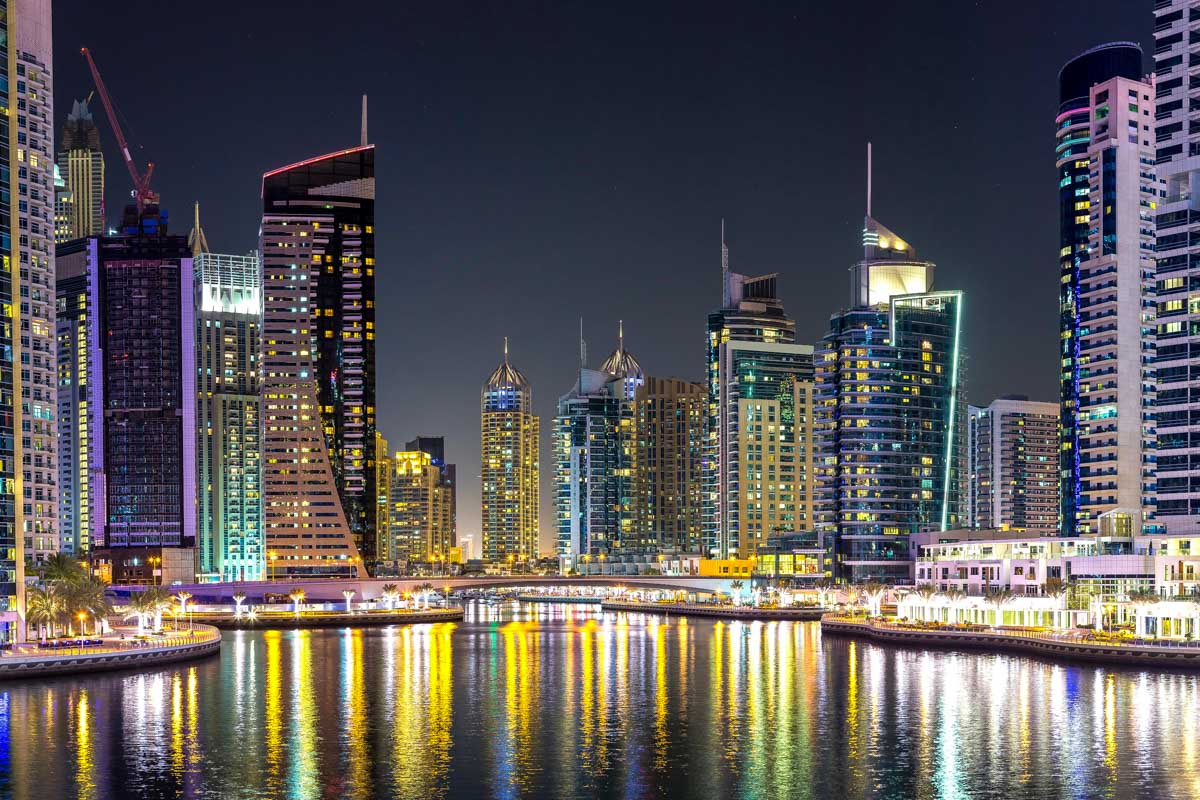 Panorama of Dubai marina at night in Dubai UAE