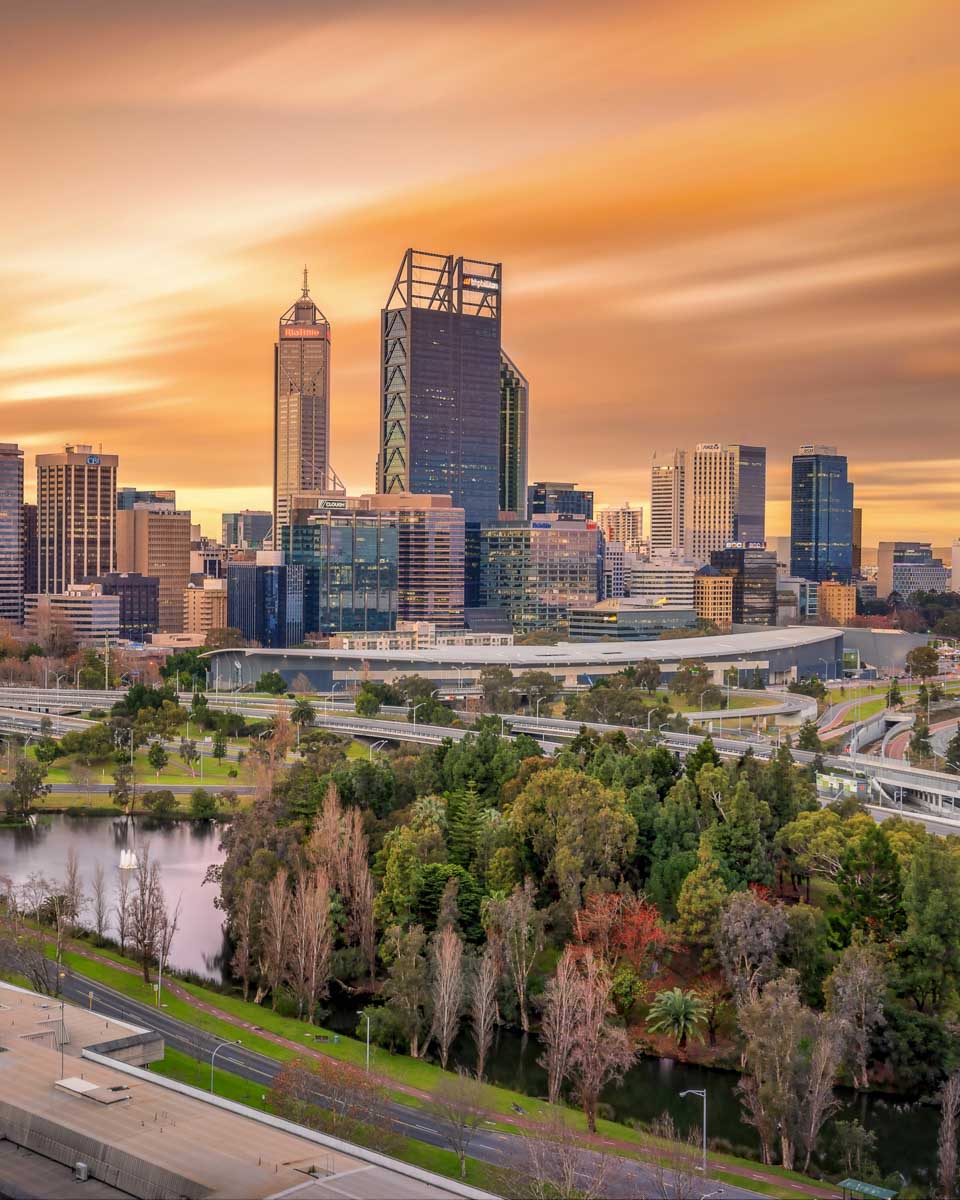 Perth city skyline at sunset from Kings Park