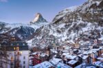 Aerial View on Zermatt Valley and Matterhorn Peak at Dawn in Zermatt Switzerland winter