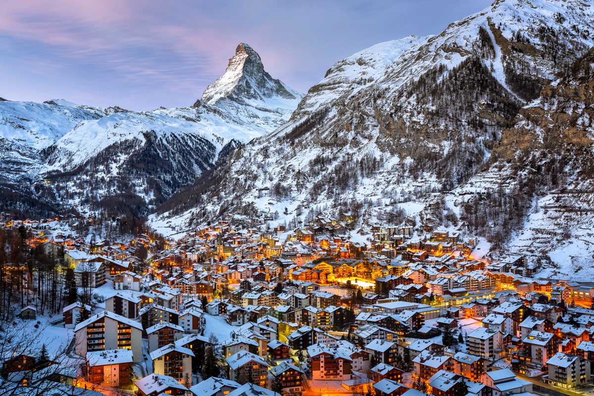 Aerial View on Zermatt Valley and Matterhorn Peak in the Morning Switzerland
