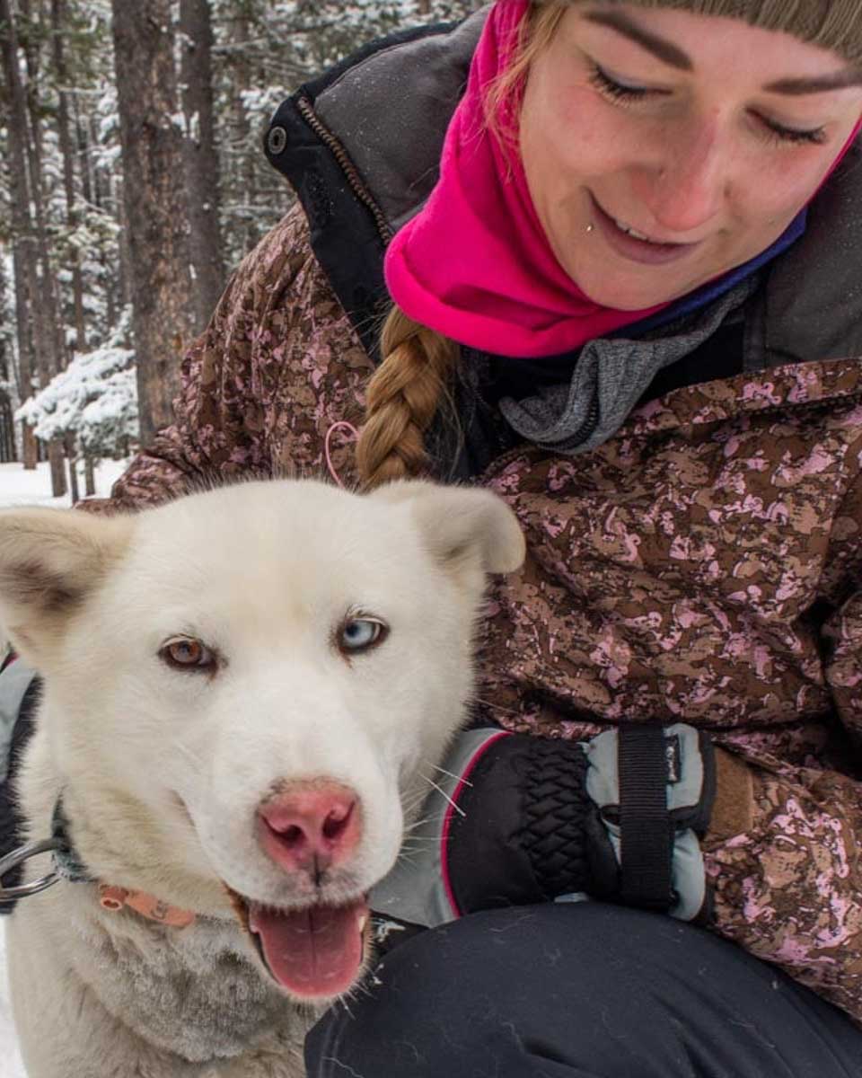 Bailey with a sled dog on a tour from Anchorage Alaska