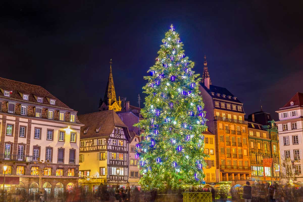 Christmas tree at the famous Market in Strasbourg, France winter night