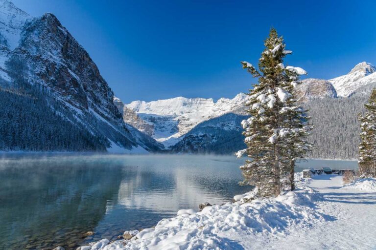 Lake Louise in early winter sunny day morning Canada