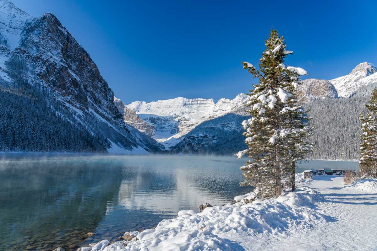 Lake Louise in early winter sunny day morning Canada