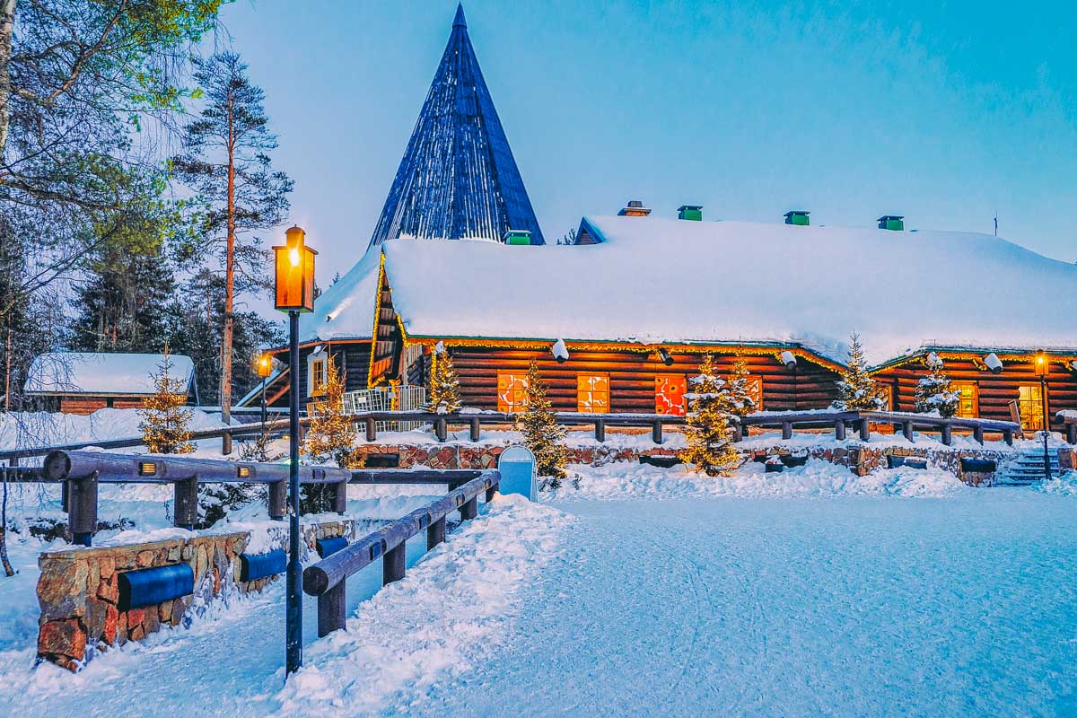 Santas Village at sunset seen in Rovaniemi, Finland