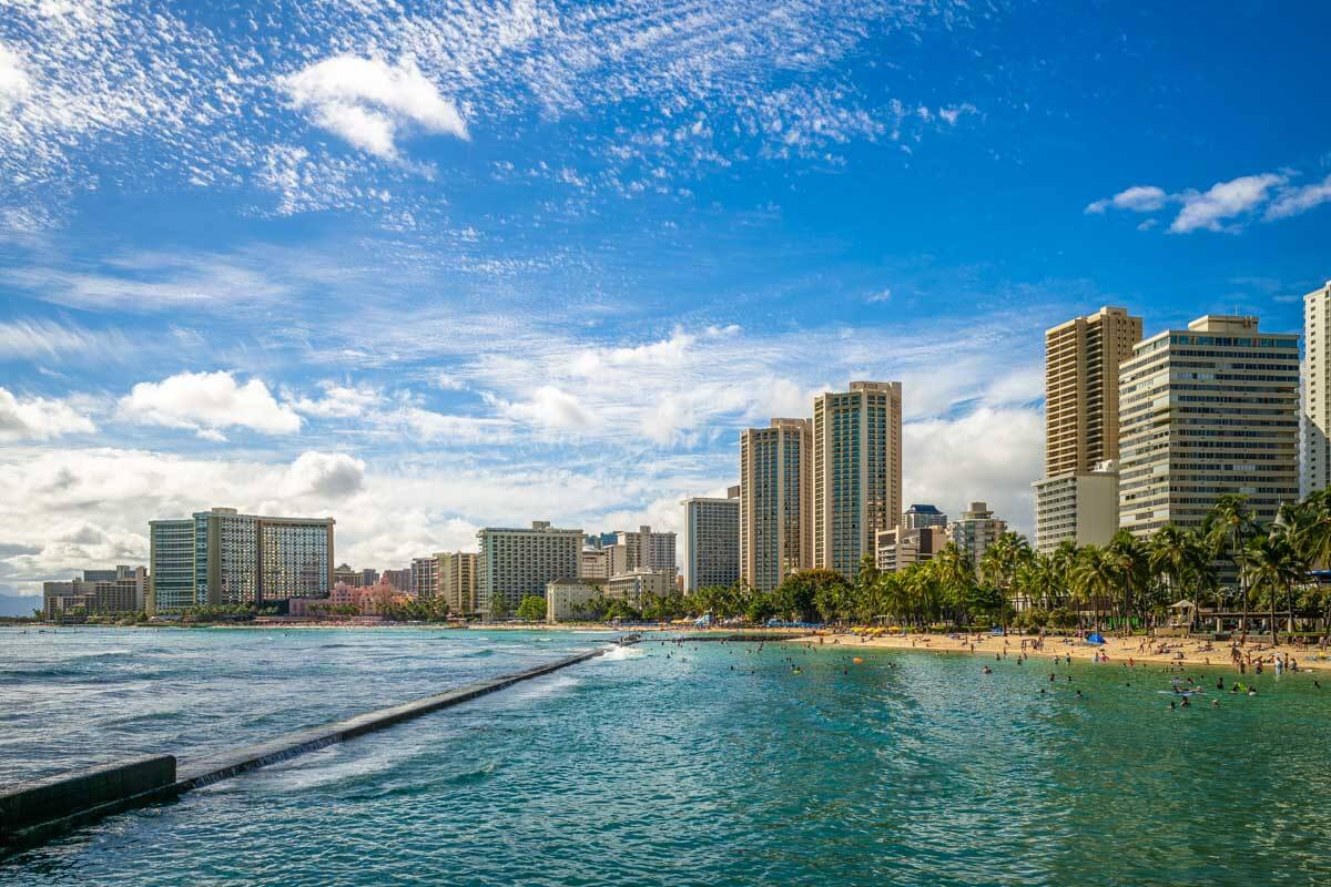 Skyline of Honolulu at Waikiki beach, Oahu island in Hawaii United States