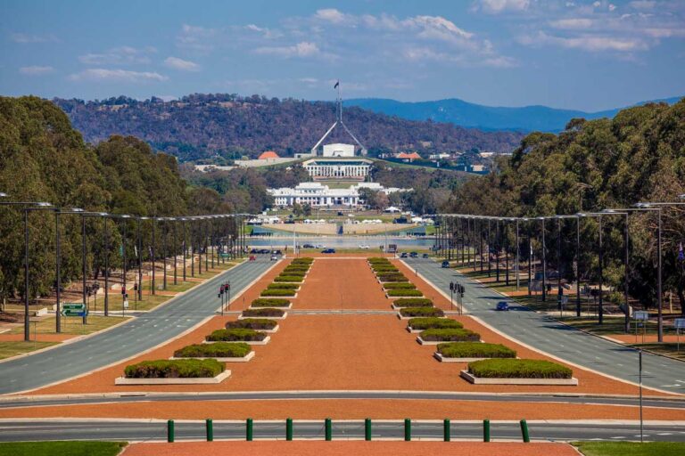The Australian War Memorial with Parliament in Canberra Australia