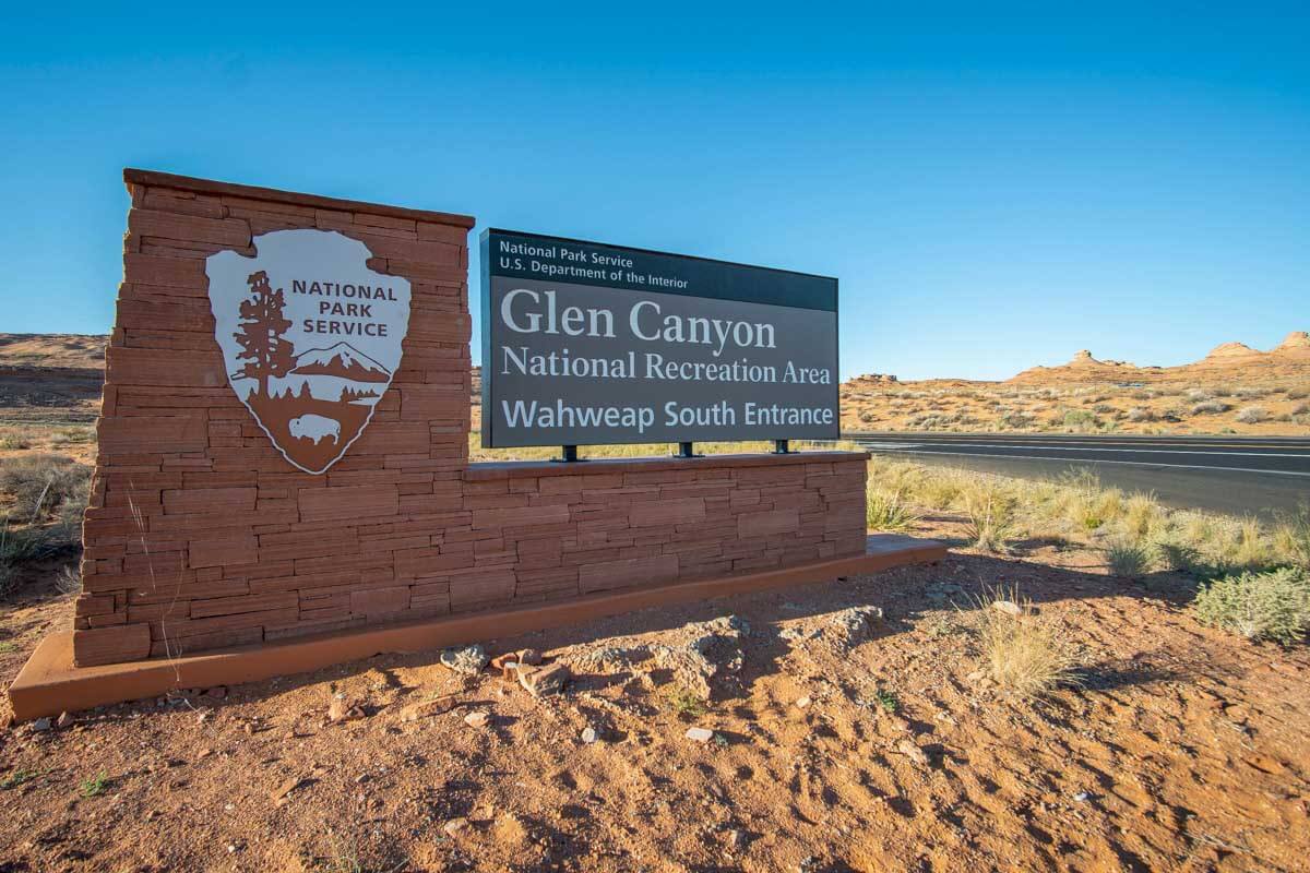 The large Glen Canyon National Recreation Area sign in Page Arizona