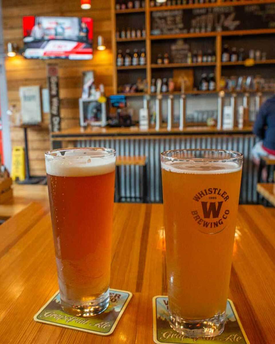 Beers-at-Whistler-Brewing in winter on a tour from Vancouver BC Canada