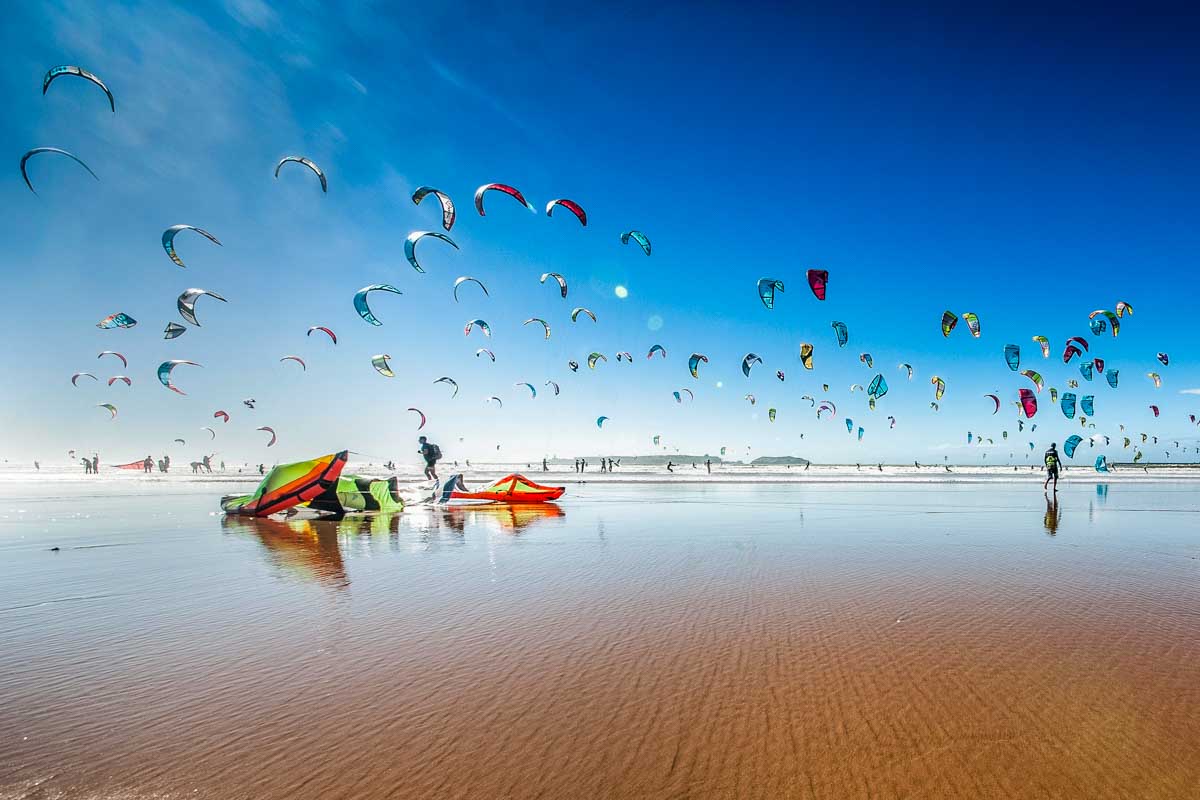 Kite surfing at Essaouira Beach, Morocco