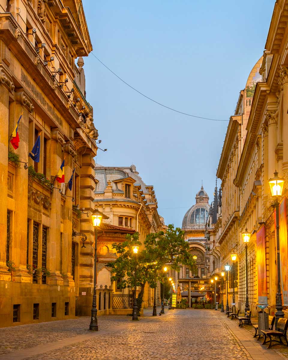 A street at sunrise in Bucharest Romania